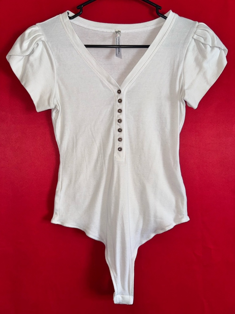 #391- FP White Button-Front Puff Sleeve White Bodysuit Size Small (true to size)